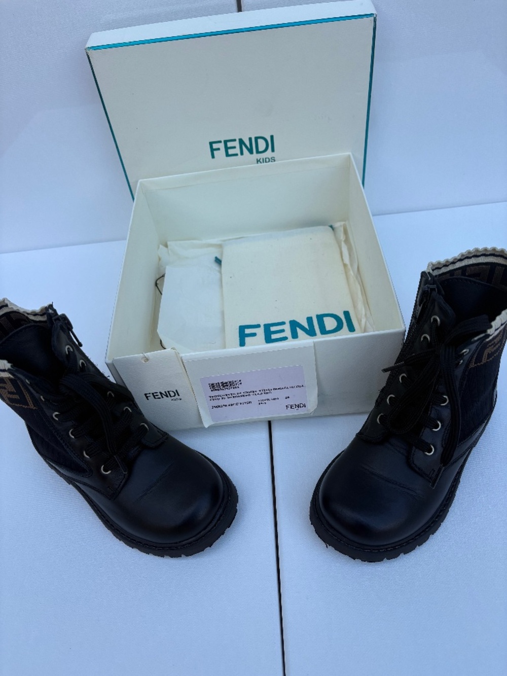 Fendi Kids FF Logo Leather Combat Biker Boots Black Size 26